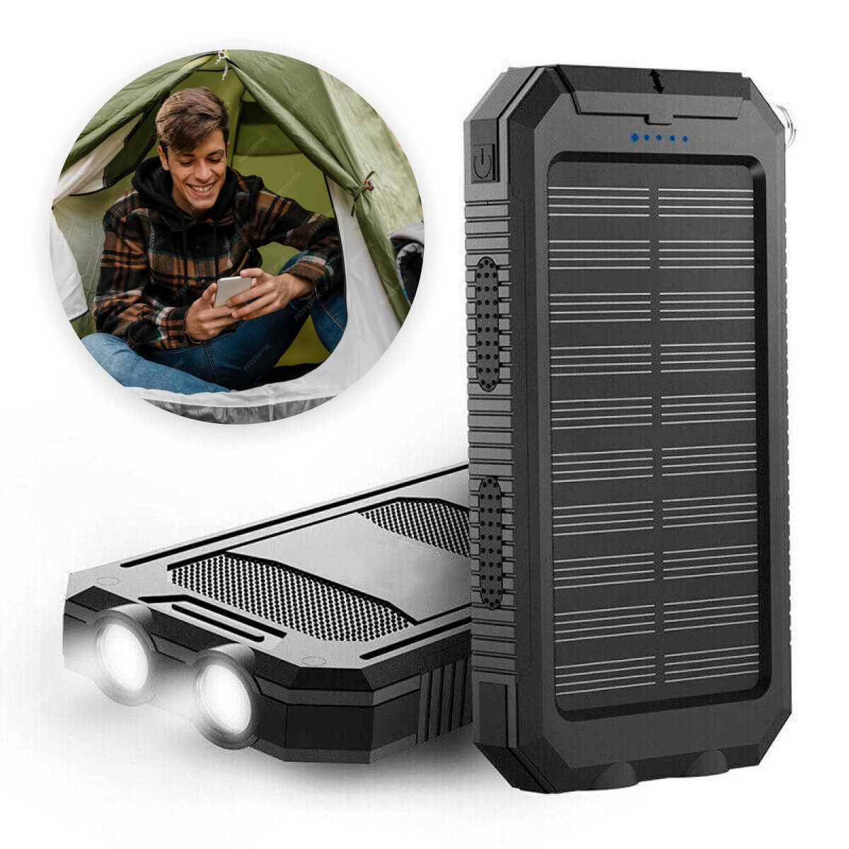 Solar-Powerbank mit Zwei USB-Anschlüssen und LED-Taschenlampe