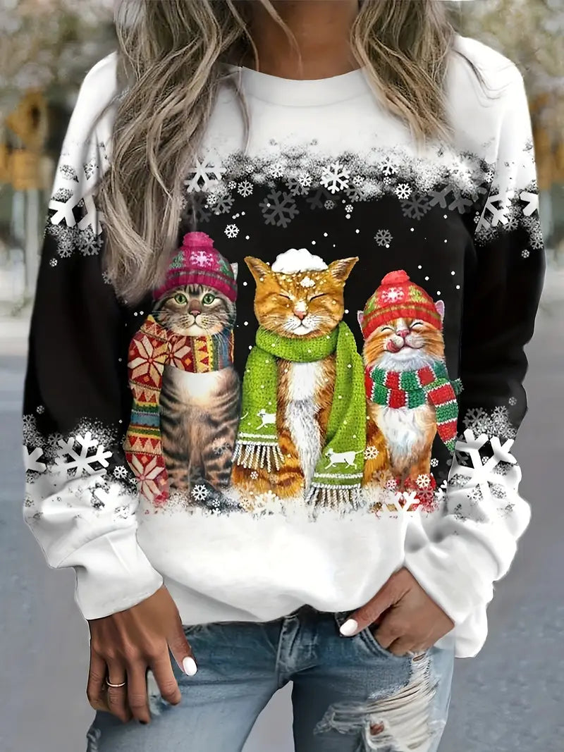 Warme Weihnachtpullover Damen | Katzenprint
