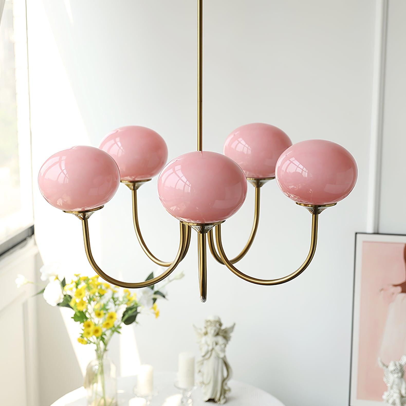 Eleganter Moderner Goldener Kronleuchter Mit Rosa Glasschirmen