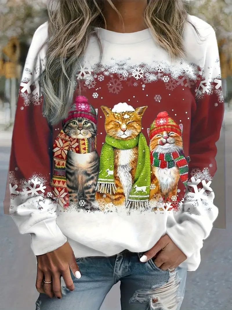 Warme Weihnachtpullover Damen | Katzenprint