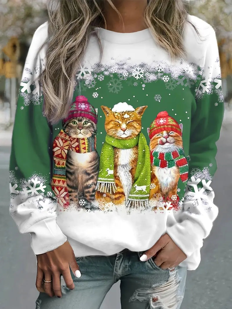 Warme Weihnachtpullover Damen | Katzenprint