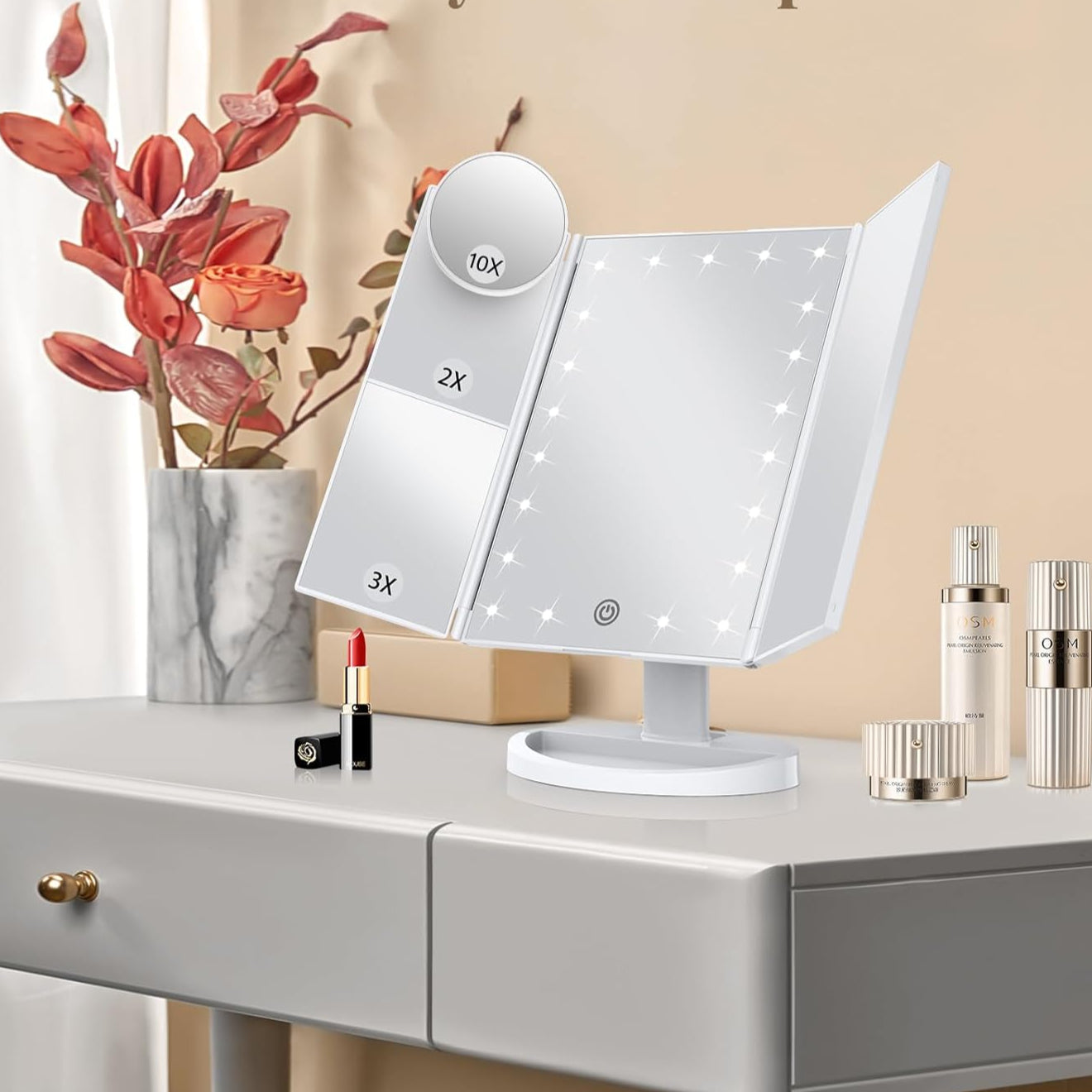 Dreifach klappbarer LED-Schminkspiegel mit Licht und Vergrößerung