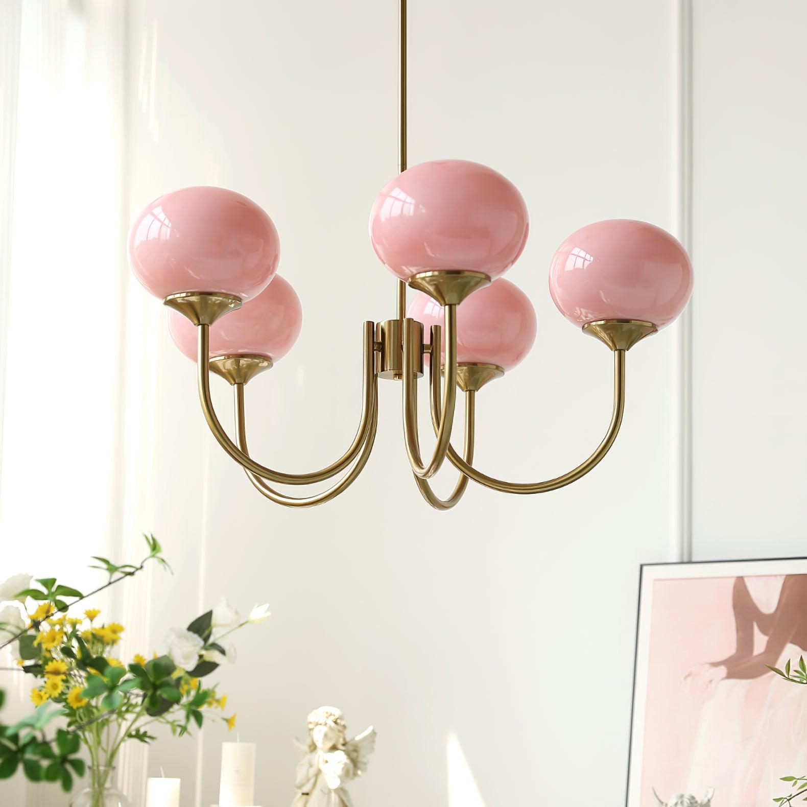 Eleganter Moderner Goldener Kronleuchter Mit Rosa Glasschirmen