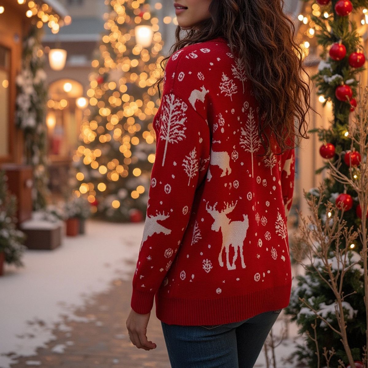 Schildkrötenausschnitt Weihnachtspullover Damen | Elchdruck