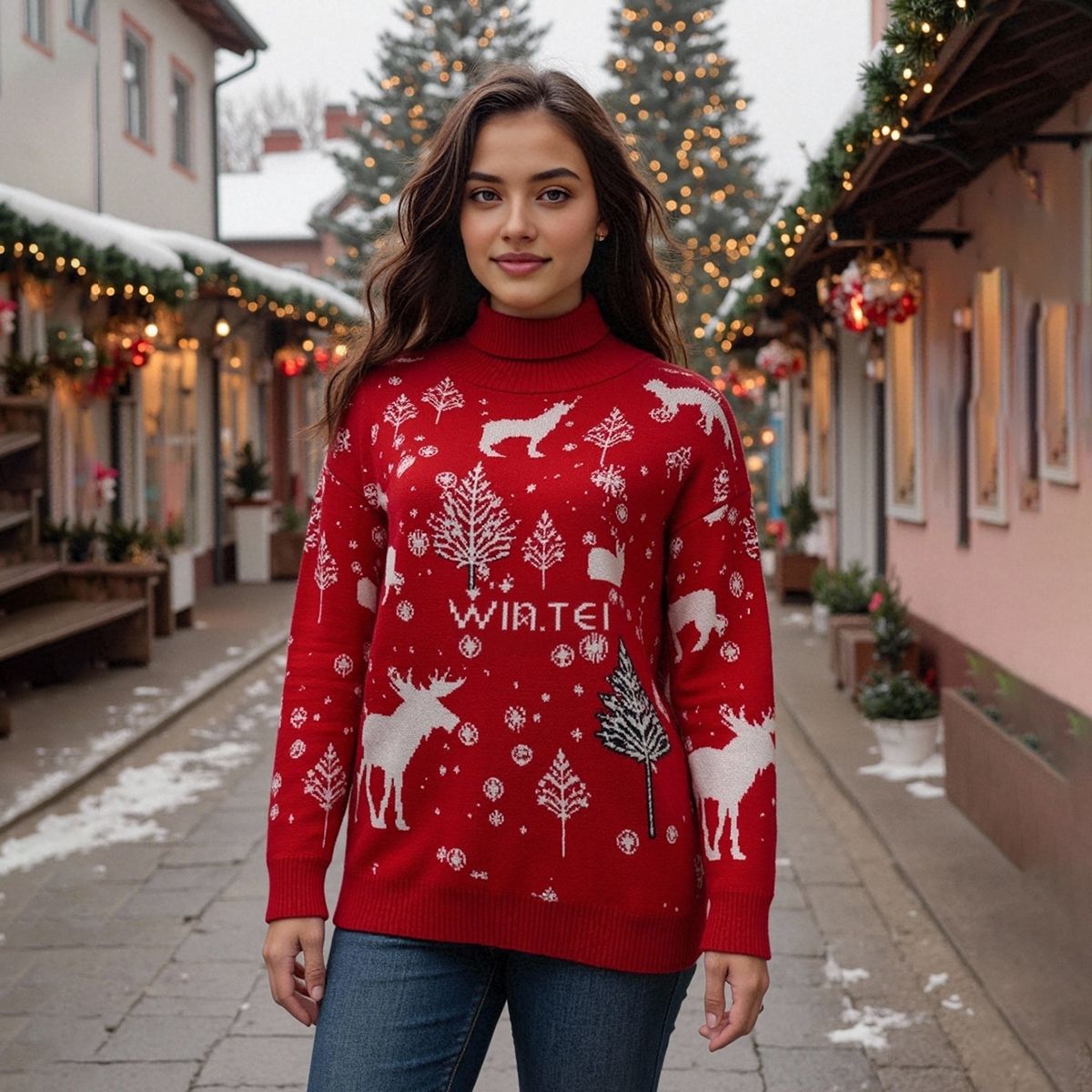 Schildkrötenausschnitt Weihnachtspullover Damen | Elchdruck