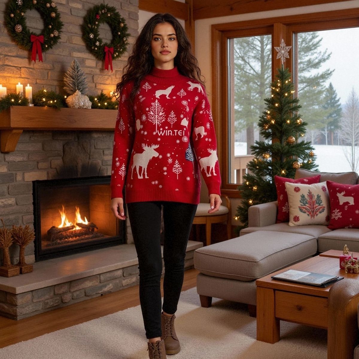 Schildkrötenausschnitt Weihnachtspullover Damen | Elchdruck