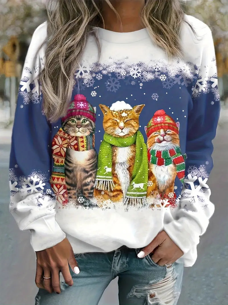 Warme Weihnachtpullover Damen | Katzenprint